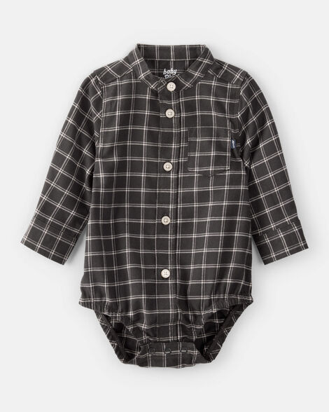Baby Boy Plaid Woven Long-Sleeve Button-Down Bodysuit - Black