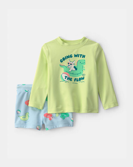 baby boy 2-piece dinosaur rashguard swimsuit set - green/blue
