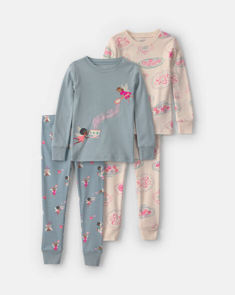 toddler girl 4-piece fairy 100% cotton snug fit pajama set - blue/cream