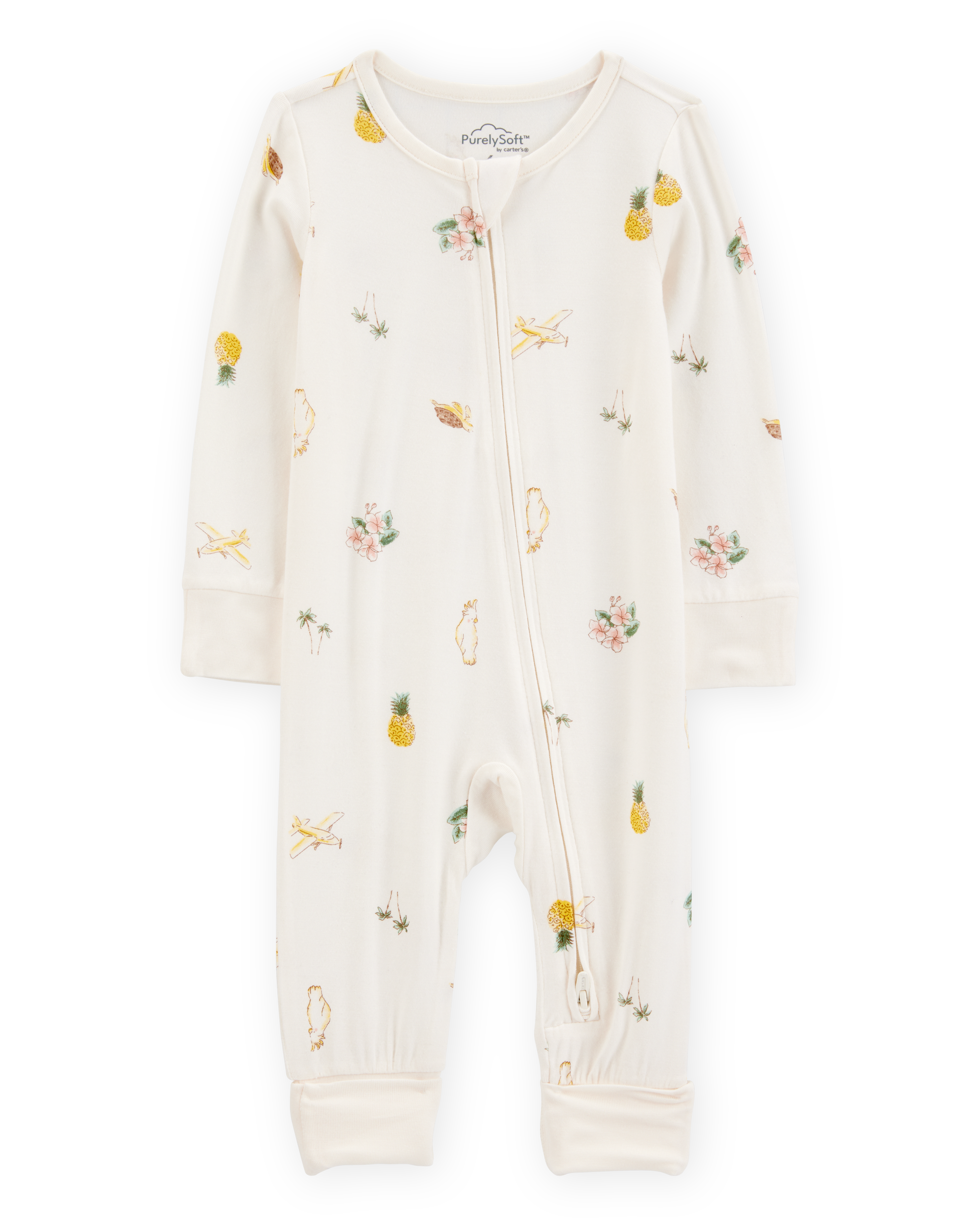 Baby Girl Tropical Print 2-Way Zip PurelySoft Convertible Foot Sleep & Play Pajamas - Ivory
