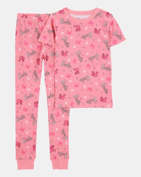 kid barbie snug fit cotton 2-piece pajamas - pink