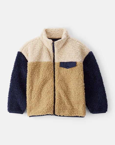 Product image 1 of Boys Sherpa Long-Sleeve Zip-Up Jacket - Cream/Navy