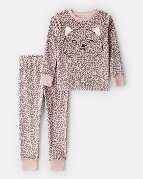 toddler girl leopard dreamplush long-sleeve snug fit 2-piece pajamas - brown