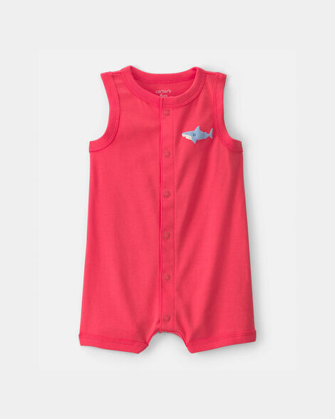 baby boy shark romper - coral