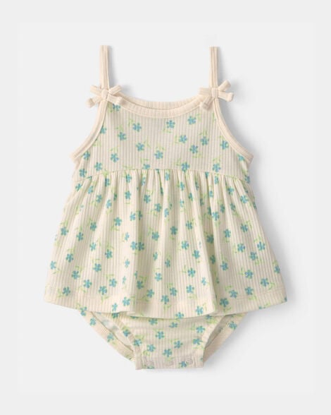 baby girl floral rib sleeveless bodysuit dress - cream