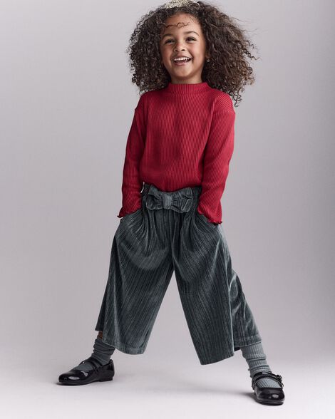 Toddler Girl Velvety Wide-Leg Pant with Bow - Dark Green