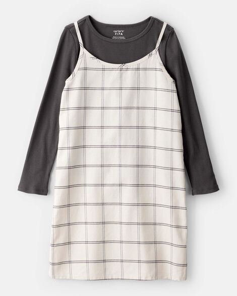 girls 2-piece plaid long-sleeve dress set - black/white