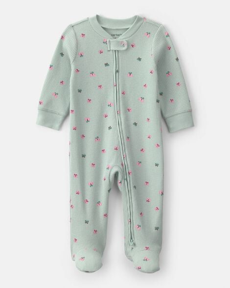 baby girl butterfly cotton 2-way zip thermal sleep & play pajamas - green