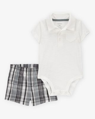 Product image 1 of Baby 2-Piece Polo Bodysuit & Plaid Short Set - Ivory/Grey