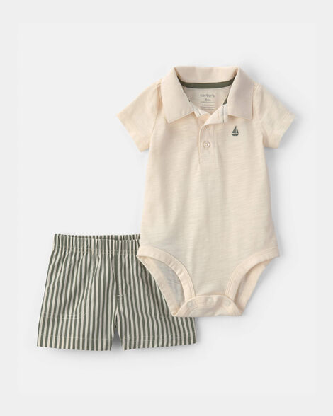 baby boy 2-piece polo shirt & short set - cream/green