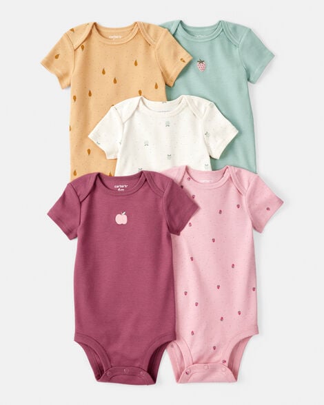 Product image 1 of Baby Girl 5-Pack Fruit Print Cotton Multipack Bodysuits - Yellow/Green/Pink/Red/White