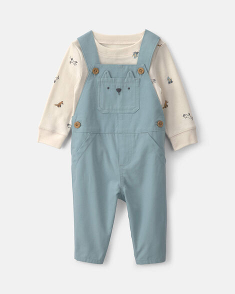 baby boy 2-piece wolf long-sleeve overall set - blue/cream