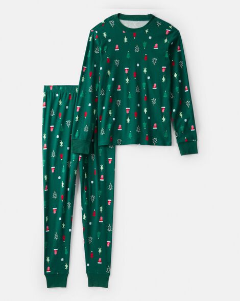 adult christmas trees 100% cotton long-sleeve snug fit 2-piece pajamas - green