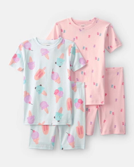girls ice cream 100% cotton short-sleeve snug fit 4-piece pajama set - pink/blue