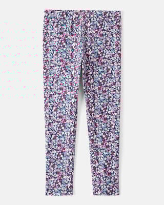 Girls Floral Cotton Pull-On Stretch Leggings - Navy