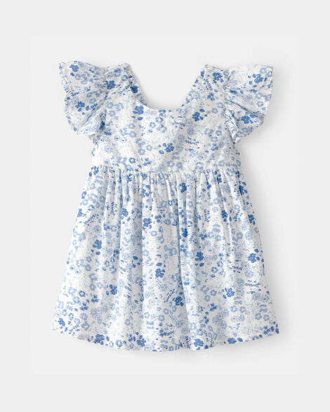 Baby Girl Floral Ruffle Dress - Blue/White