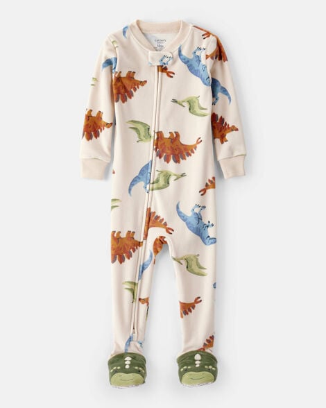 toddler boy dinosaur dreamplush snug fit long-sleeve 1-piece pajamas - tan