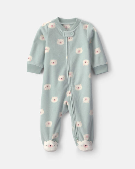 baby girl bear fleece 2-way zip sleep & play pajamas - green