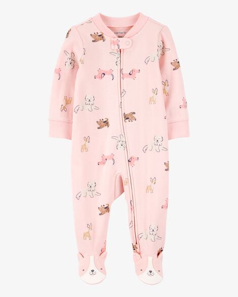 Product image 1 of Baby Girl Dog Print 2-Way Zip Cotton Sleep & Play Pajamas - Pink