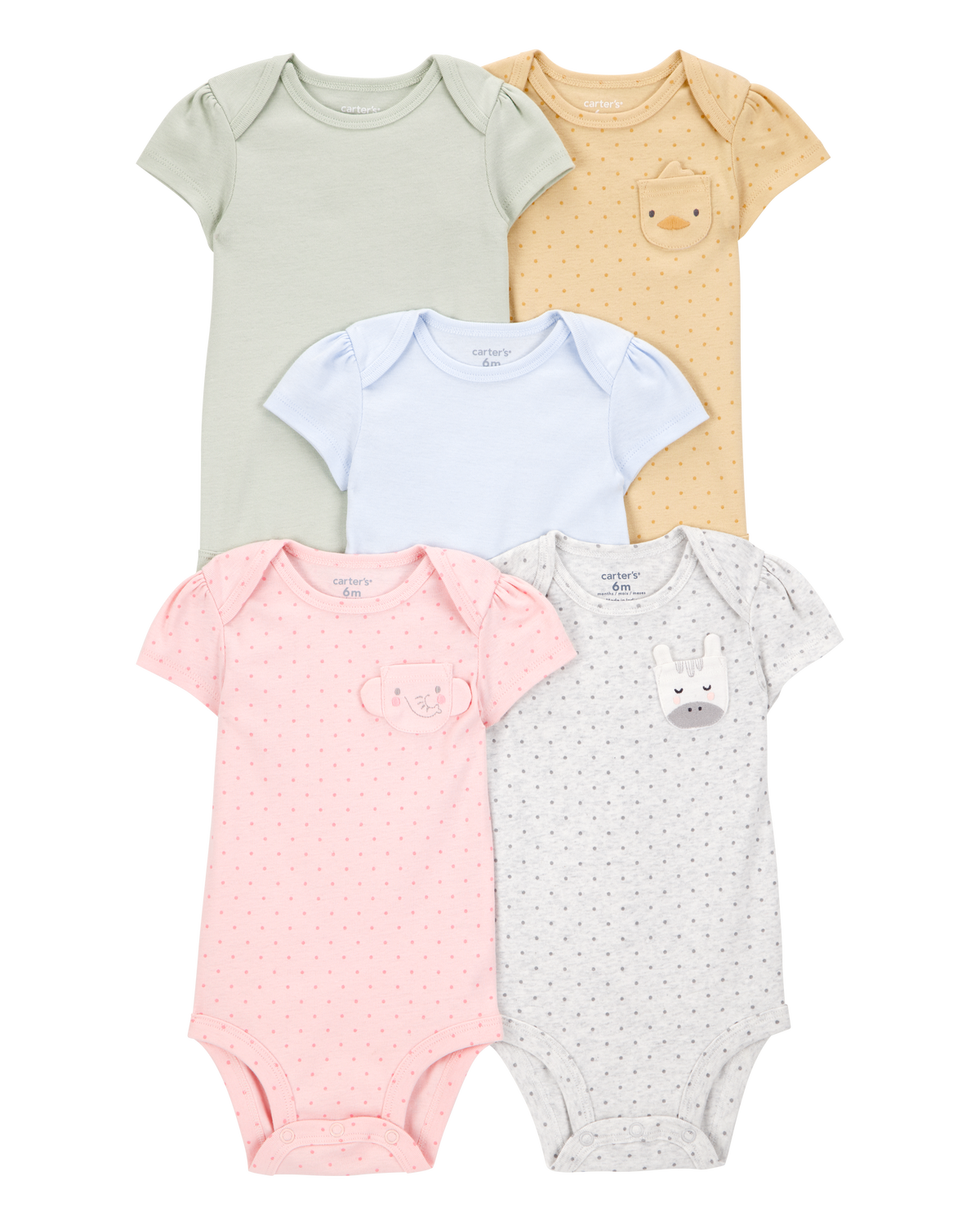 Baby Girl 5-Pack Animal Short-Sleeve Cotton Bodysuits