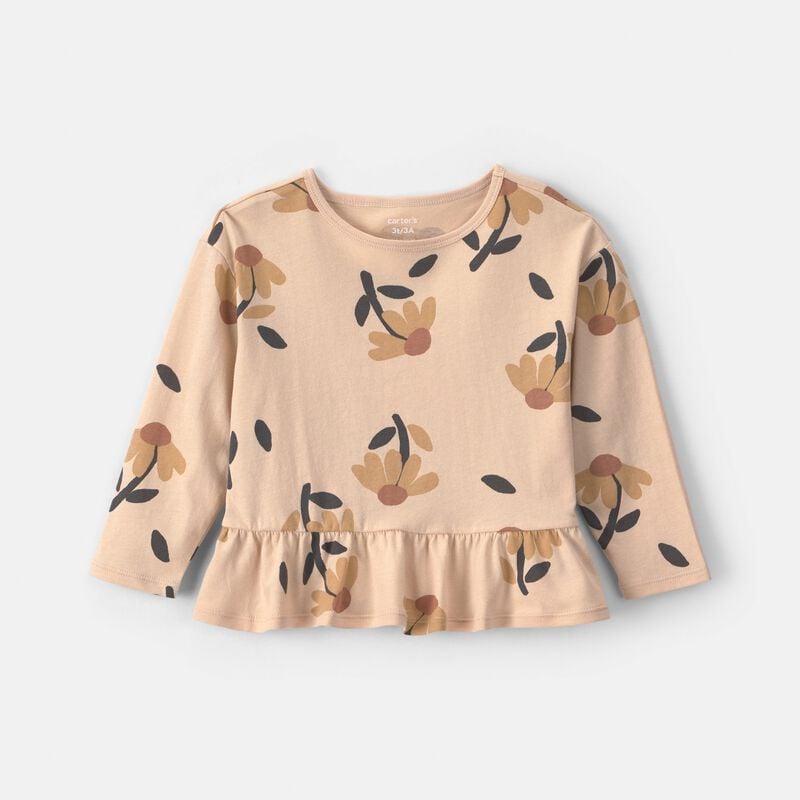 Toddler Girl Floral Long-Sleeve Peplum Top - Tan