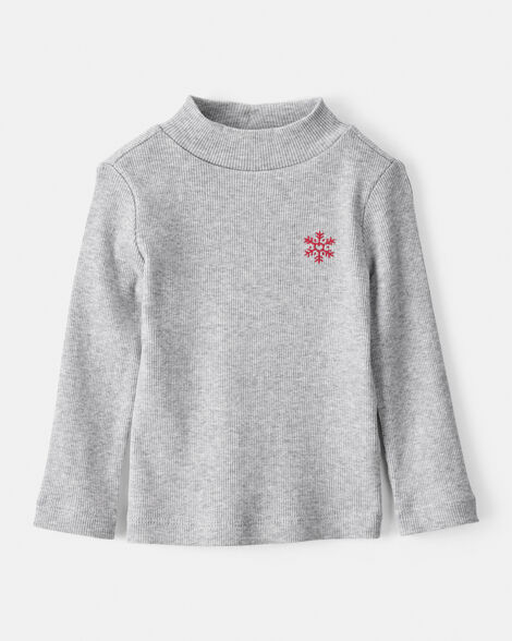baby girl snowflake mock neck rib top - grey