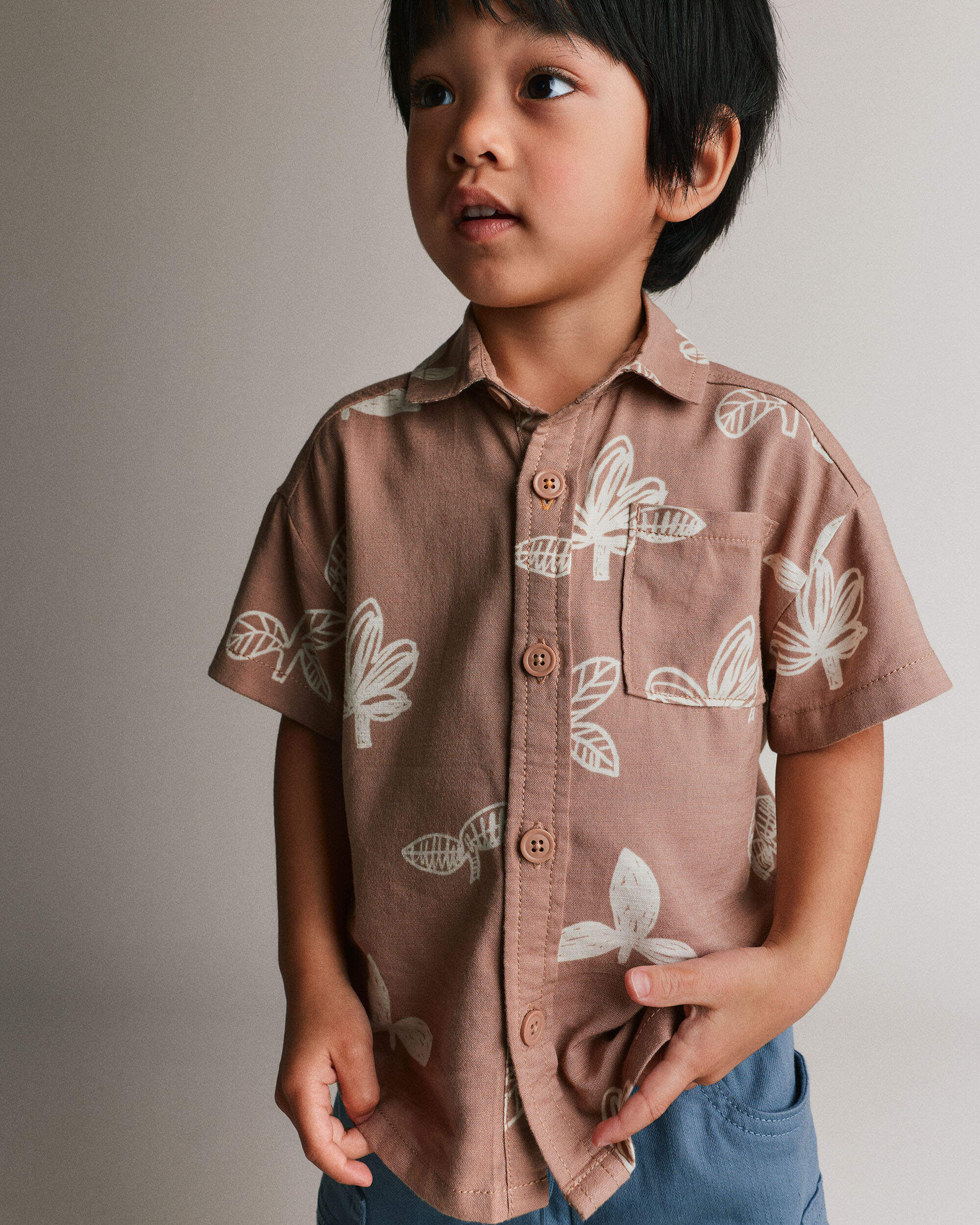 Otter Avenue Toddler Boy Button-Down Short-Sleeve Shirt in Plant Print 12M Light Brown 18$
