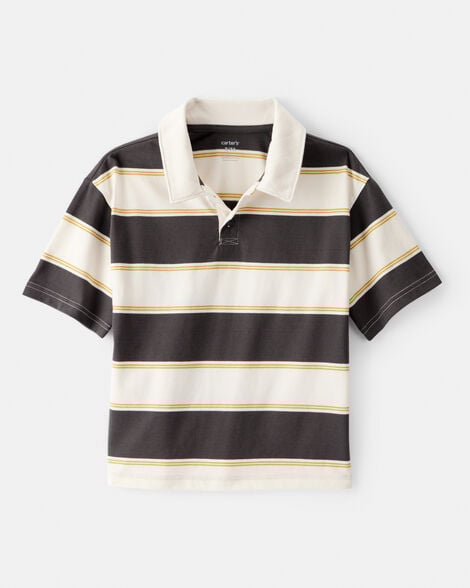 boys cotton short-sleeve stripe polo - brown/ivory
