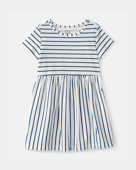 toddler girl striped short-sleeve dress - blue/ivory