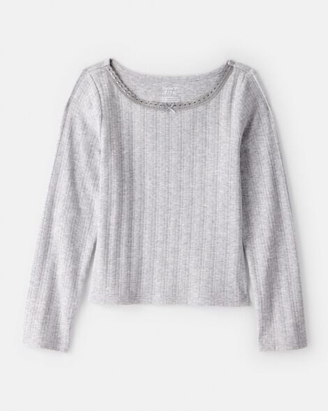 girls pointelle long-sleeve top - grey