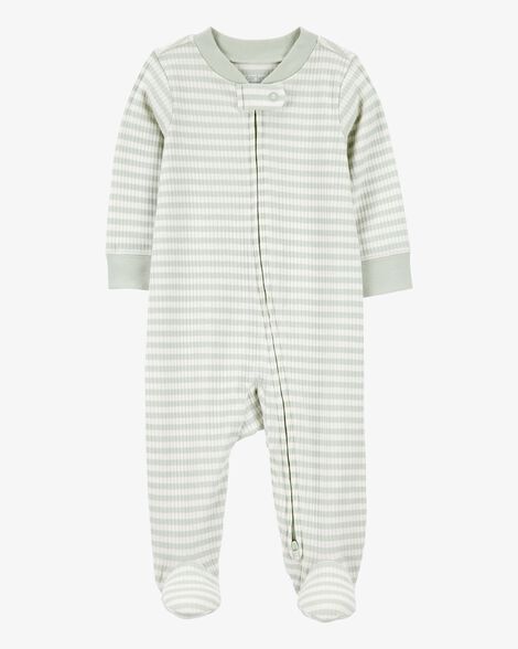  Product image 1 of Baby Boy Striped 2-Way Zip Ribbed Sleep & Play Pajamas - Green/White