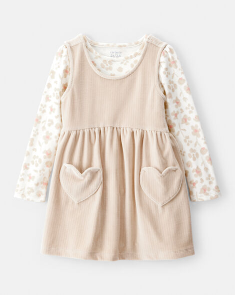 toddler girl floral velour dress set - tan