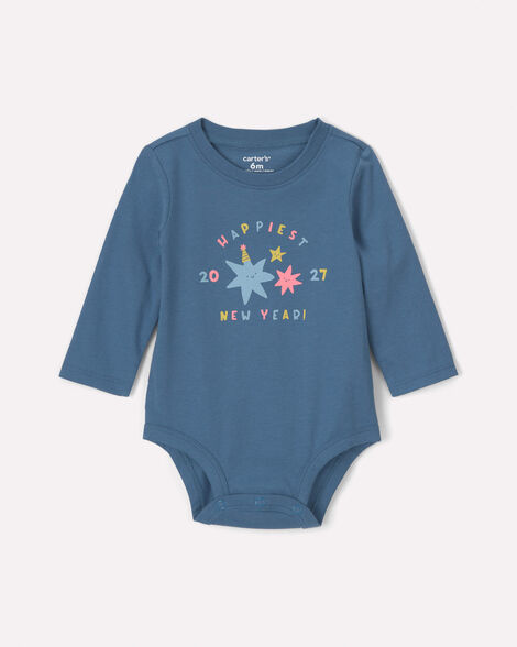 baby 'happiest new year' long-sleeve graphic bodysuit - blue