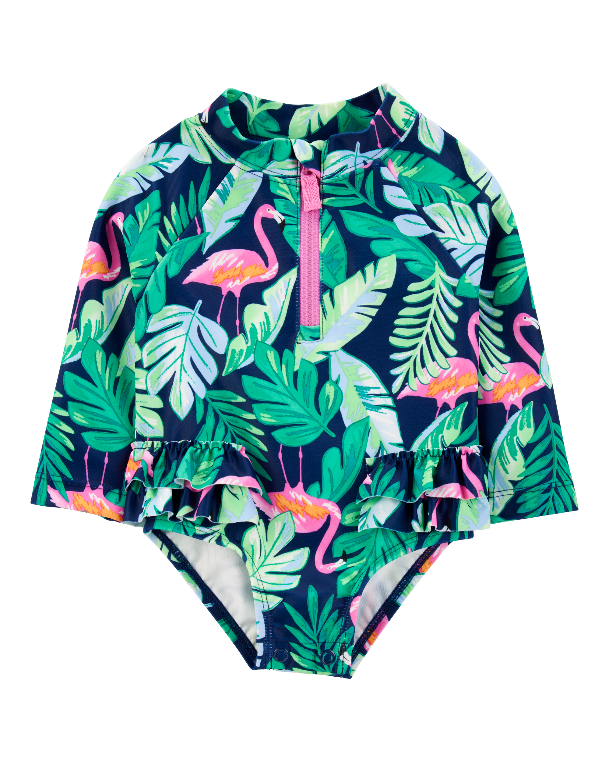Baby Girl 1-Piece Tropical Flamingo Long-Sleeve Rashguard Swimsuit