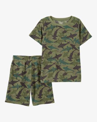 Product image 1 of Kid Shark Print Loose Fit Waffle Knit 2-Piece Pajamas - Green