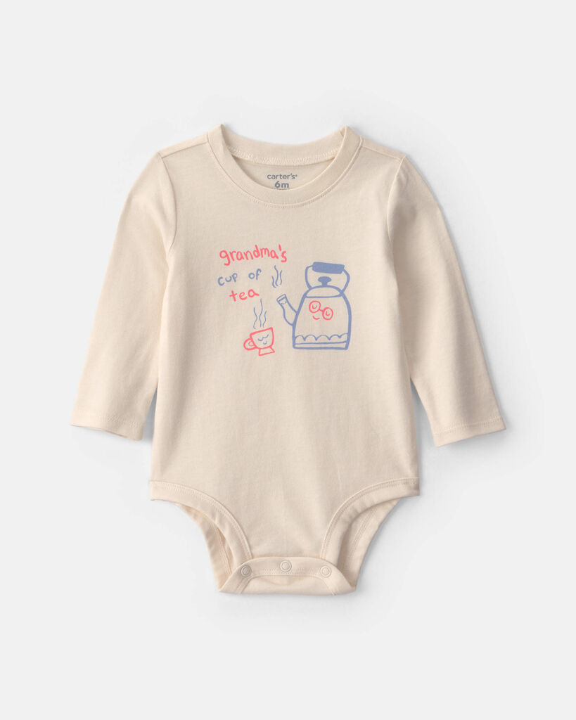 Carter's baby girl 'grandma's cup of tea' long-sleeve graphic bodysuit 12M Cream