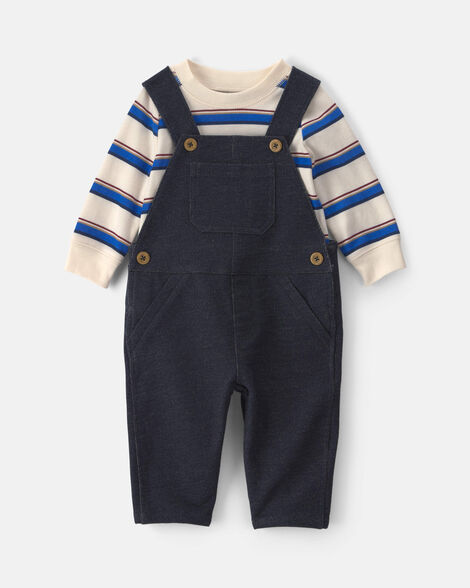 baby boy 2-piece striped french terry long-sleeve overall set - indigo/cream