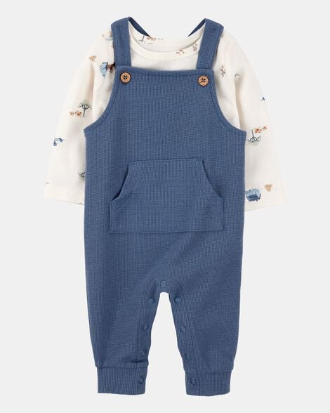 baby boy 2-piece long-sleeve tee & waffle knit coverall set - blue/white