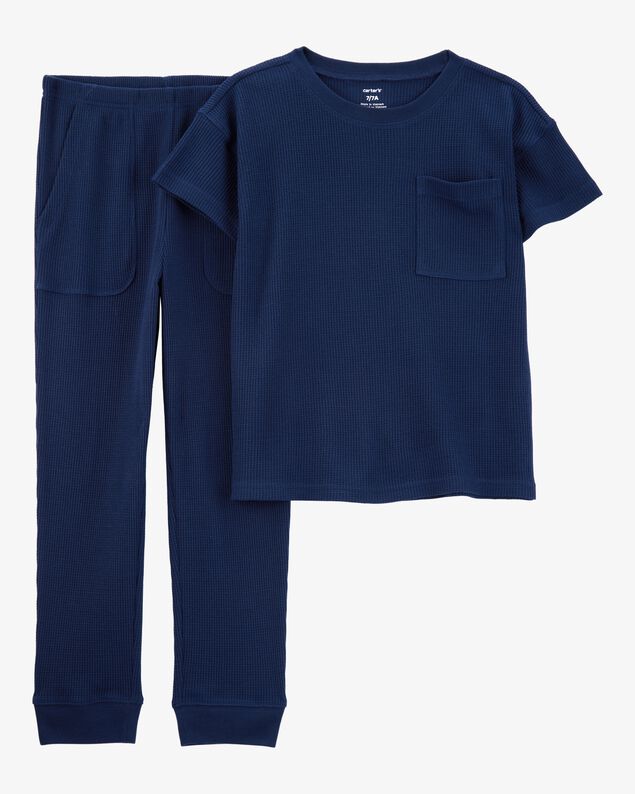 Product image 1 of Boys Solid Loose Fit Waffle Knit 2-Piece Pajamas - Navy
