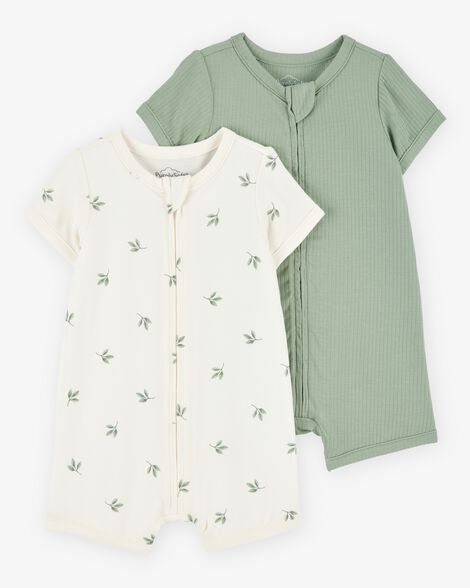  Product image 1 of Baby 2-Pack PurelySoft Zip-Up Rompers - Green/Ivory