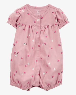 Product image 1 of Baby Strawberry Print Ribbed Short-Sleeve Romper - Pink