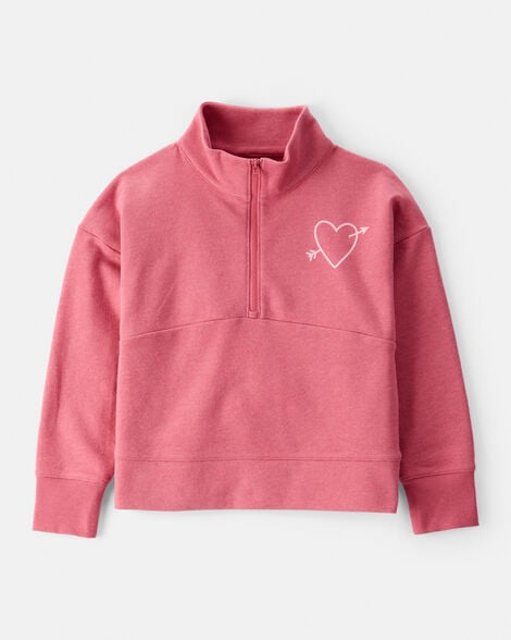 Girls Heart Print Quarter-Zip Pullover Sweatshirt - Pink