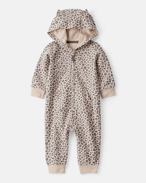 baby girl cat leopard print cotton long-sleeve hooded jumpsuit - brown