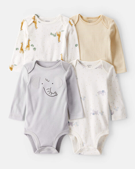  Product image 1 of Baby 4-Pack Safari Print Cotton Long-Sleeve Multipack Bodysuits - Ivory/Yellow