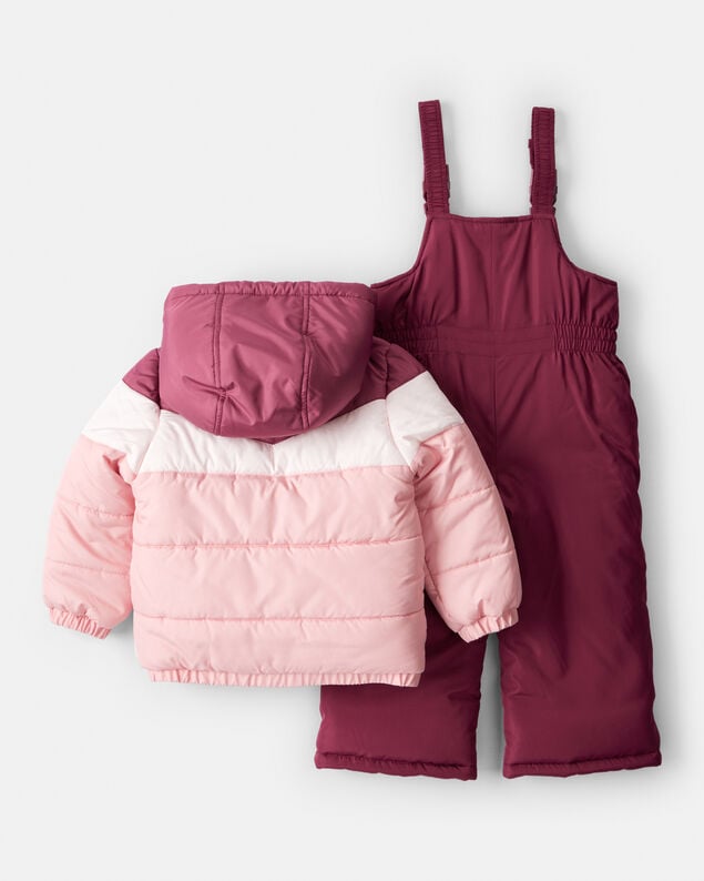 Product image 2 of Toddler Girl 2-Piece Color Block Hooded Snowsuit Jacket & Bib Set - Pink/Red