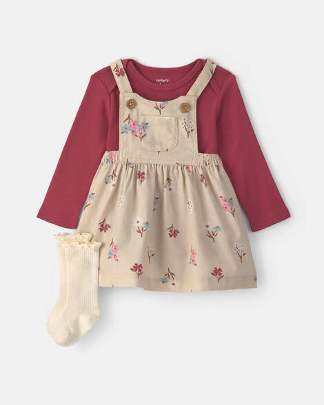 baby girl 3-piece floral twill long-sleeve dress set - burgundy/cream