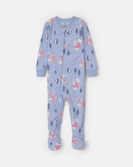 baby girl winter wildlife thermal waffle knit 1-piece pajama - purple