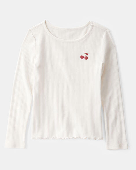 kid cherry embroidered long-sleeve top - ivory