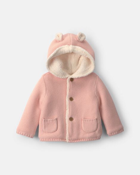 baby girl bear sweater knit hooded jacket - pink