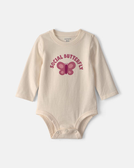 baby girl 'social butterfly' long-sleeve graphic bodysuit - cream